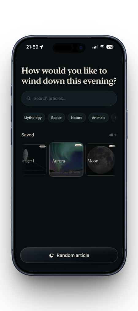 Mockup of the calm umbra home screen on a transparent background
